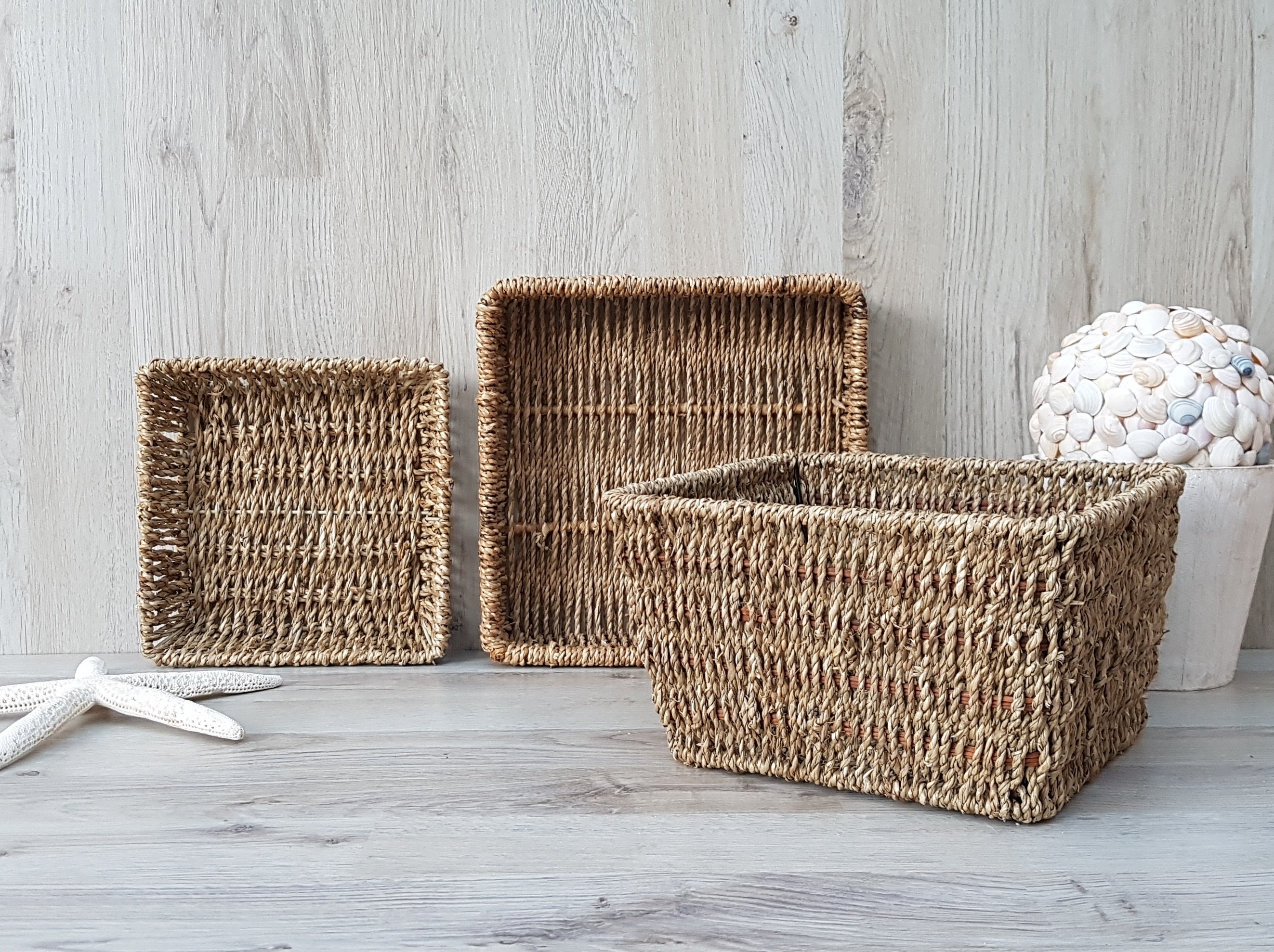 Vintage set of 3 wicker baskets Square Shallow basket Etsy