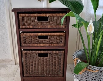Vintage Wicker Drawer Cabinet, Rustic Wooden Storage Unit