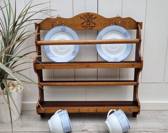 Vintage Plate Rack, Hand Carved Plate Shelf, Wooden 2 Shelf Plate Rack, Display Shelf Plates, Wall Plate Rack, Kitchen Storage