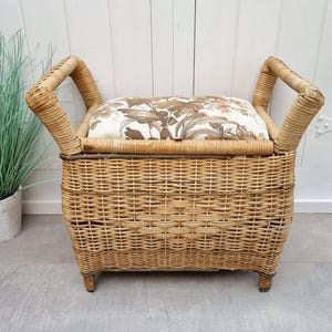 Storage Ottoman, Wicker Basket with Lid, Storage Basket, Vintage Stool, Upholstered Footstool, Wicker Home Decor, Beach House Decor