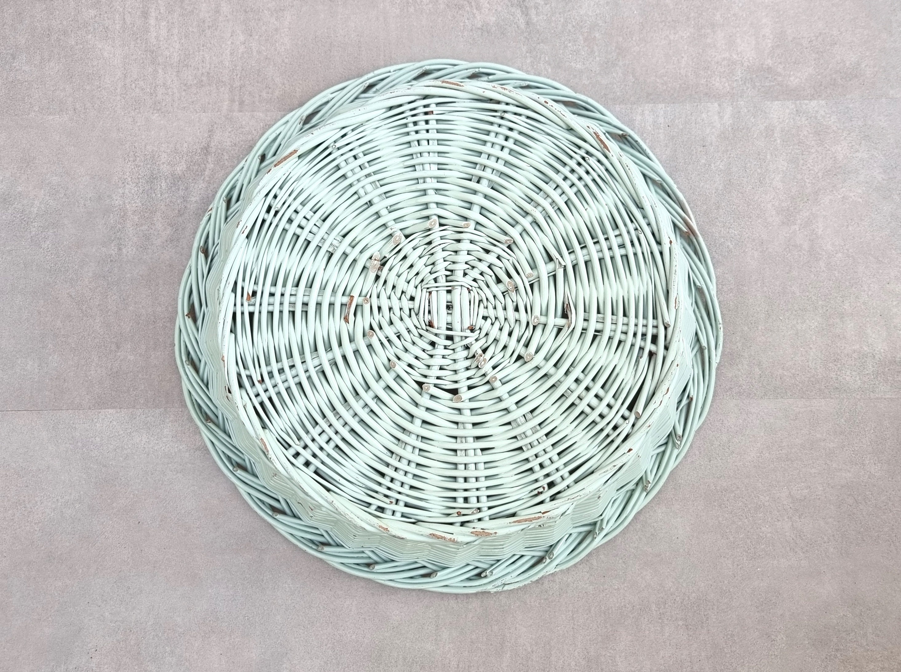 Vintage Round Wicker Basket, Mint Green Decorative Basket, Wicker