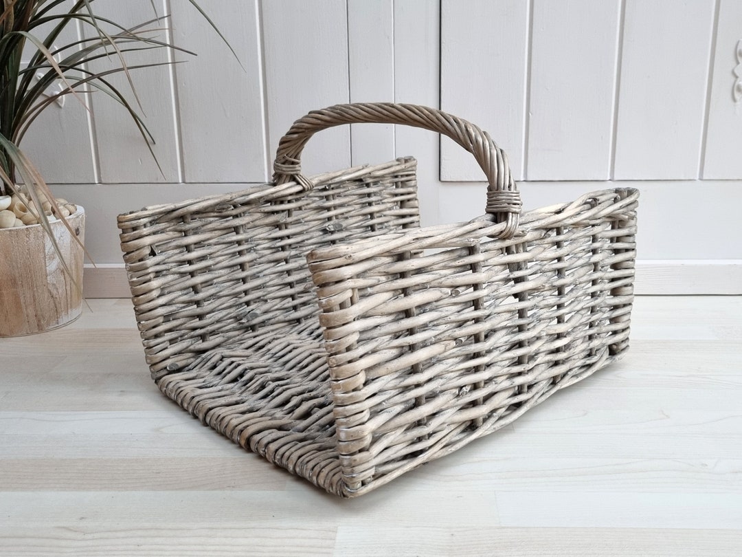 Vintage Gray Wicker Magazine Holder, Wicker Magazine Basket, Coastal