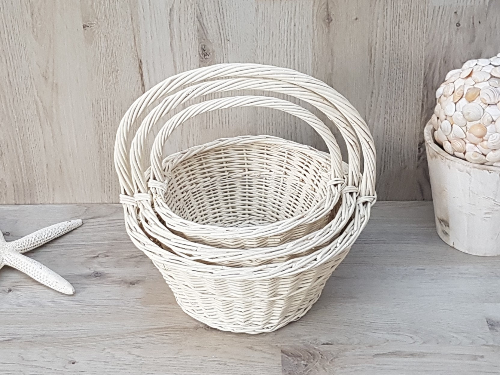 Set of 3 White Wicker Baskets With Handle Nesting Baskets Etsy