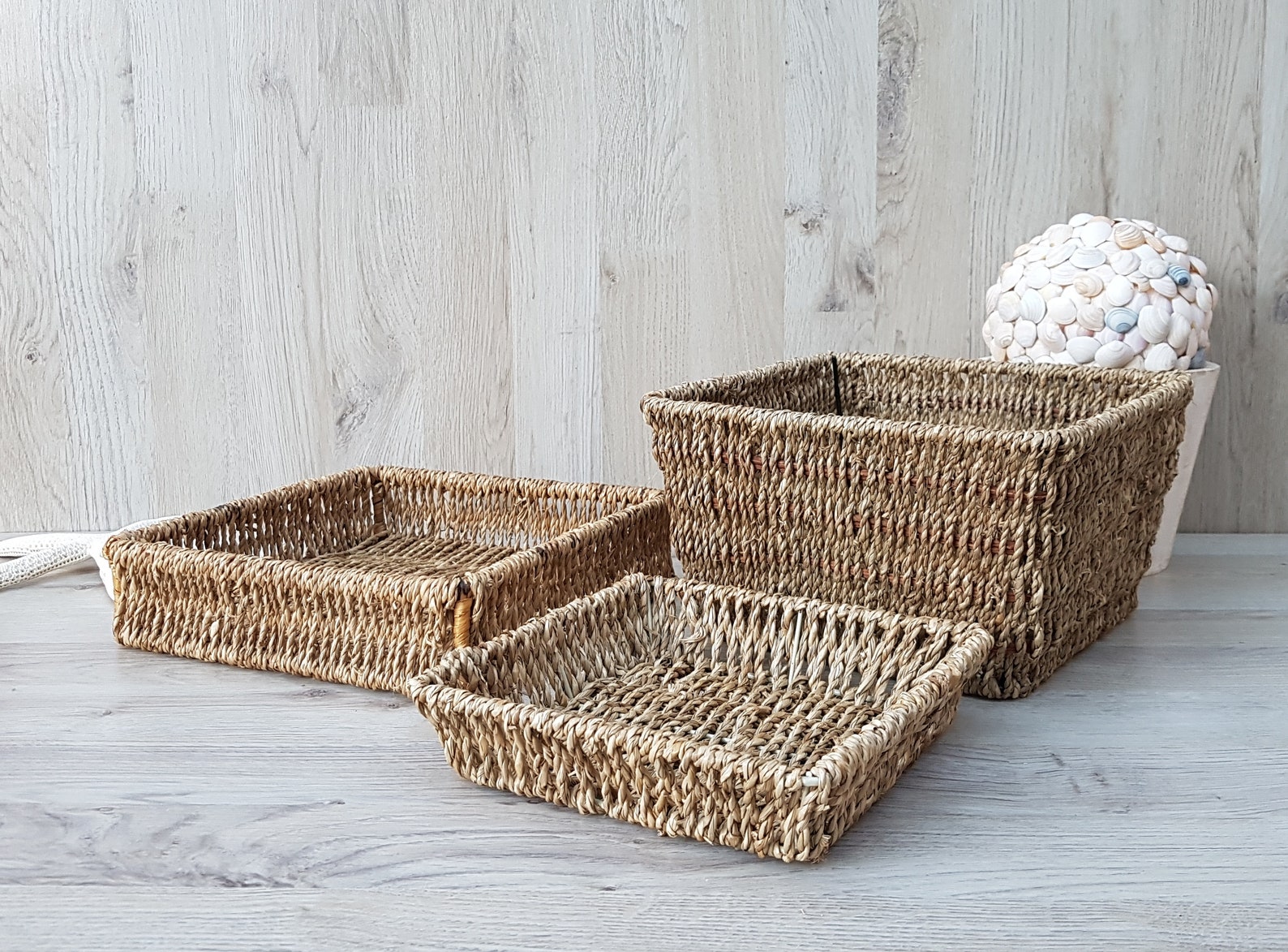 Vintage set of 3 wicker baskets Square Shallow basket Etsy