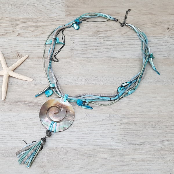 Blue Mother of Pearl Shell Necklace, Beach Jewelry, Ibiza Style, Boho-Chic, Bohemian, Beach wedding