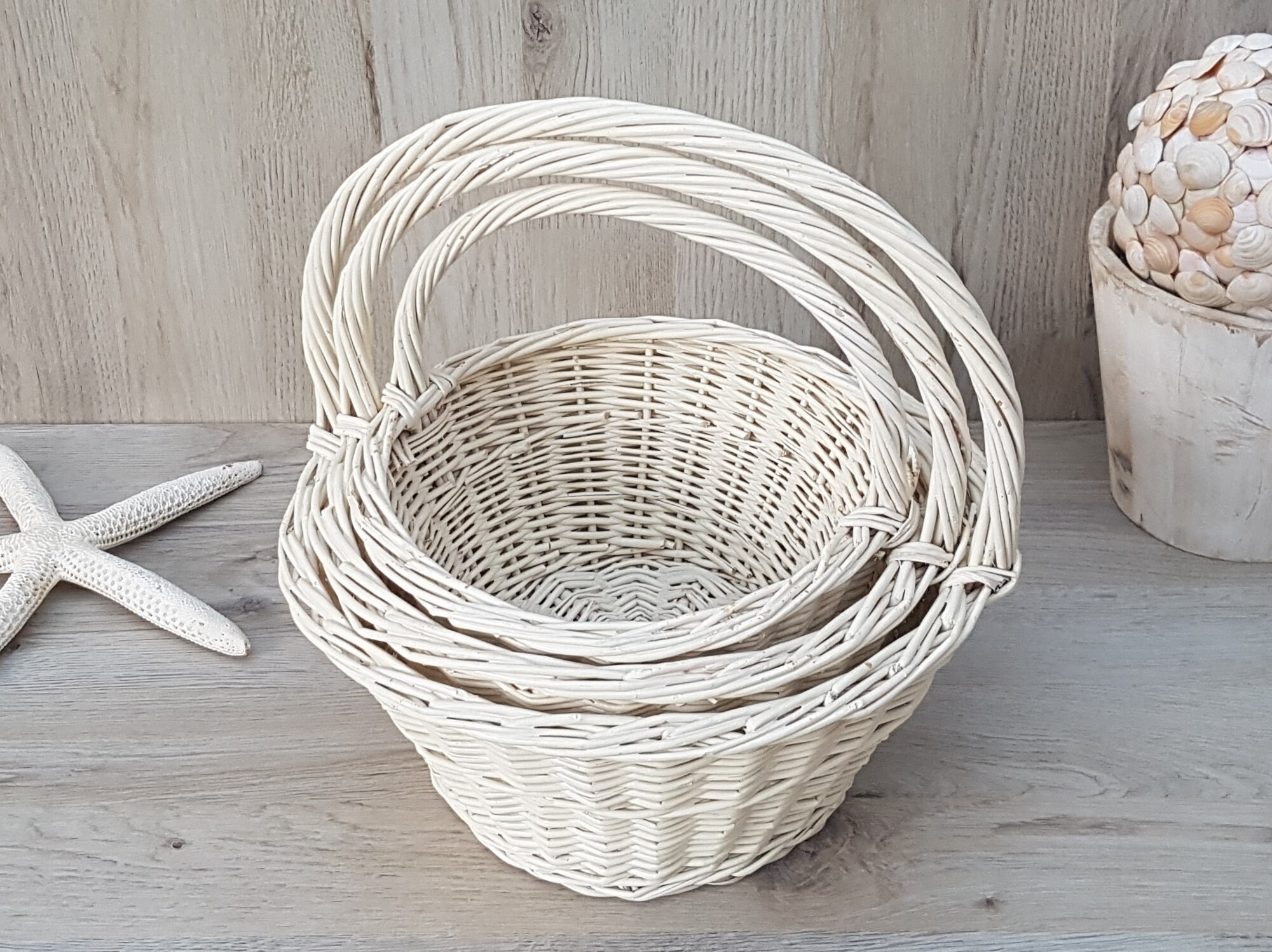 Set of 3 White Wicker Baskets With Handle Nesting Baskets Etsy