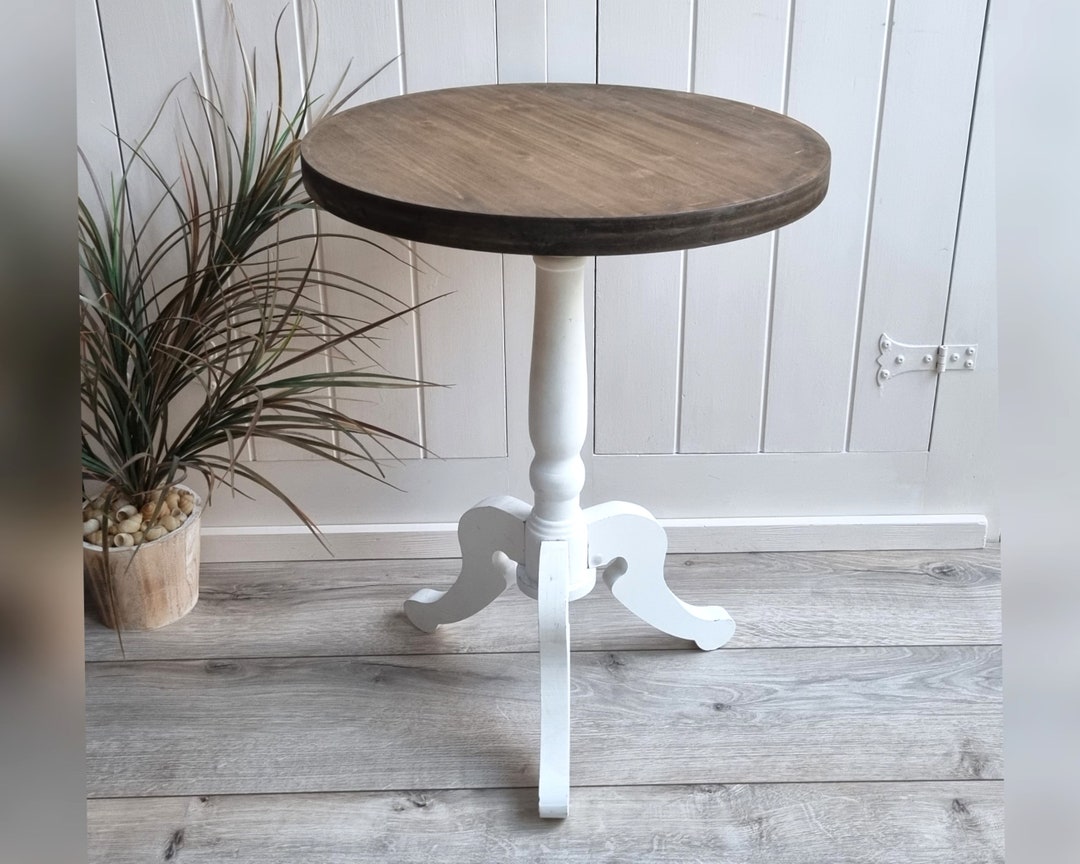 White Wooden Side Table With Dark Brown Top, Round Pedestal Table, Lamp