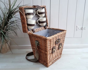 Vintage Wicker Picnic Basket, Wine and Cheese Picnic Basket, Wicker Basket, Picnic Basket for 4, Hamper, Coastal Decor, Wedding Gift