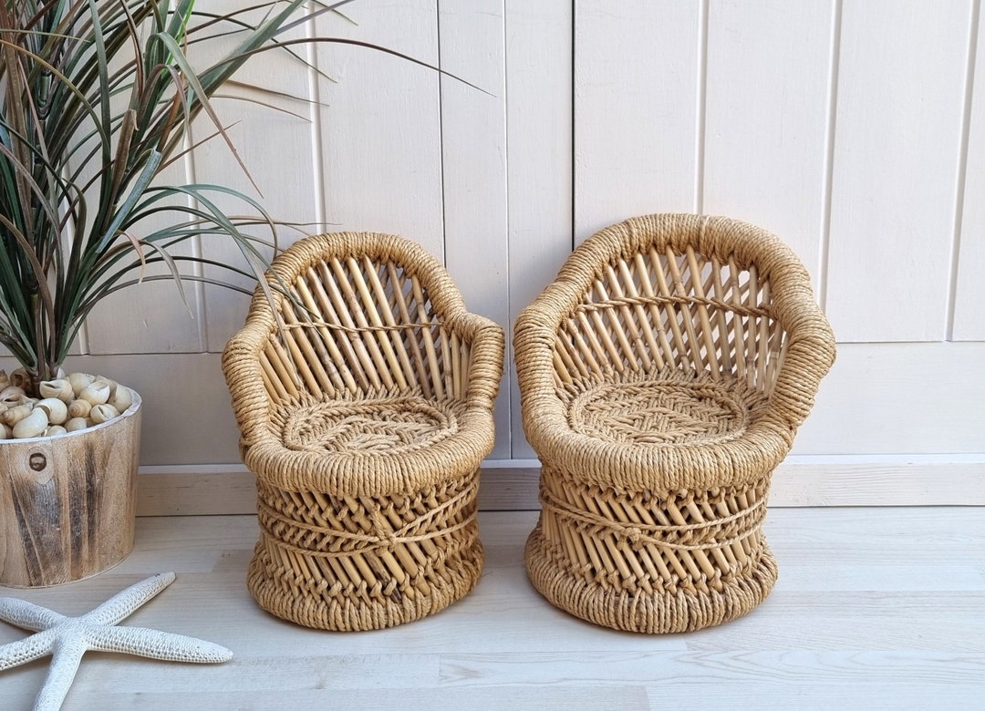 2 Vintage Wicker Doll Chairs, Bamboo Peacock Chair, Plant Stand, Doll