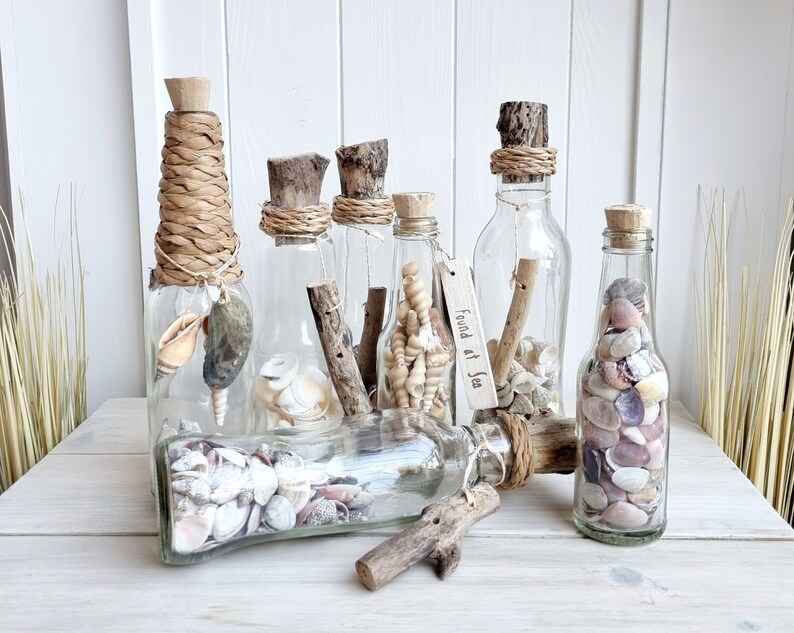 Set of 7 Beach Glass Bottles Shells in Glass Bottle Coastal Etsy