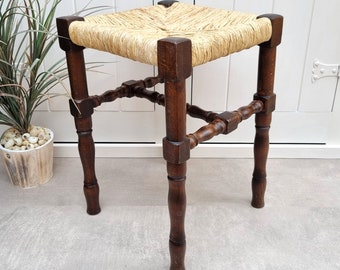 Vintage Wooden Stool with Rush Seat, Turned Leg Stool, Wicker Seat, Plant Stand, Country Living, Coastal Decor