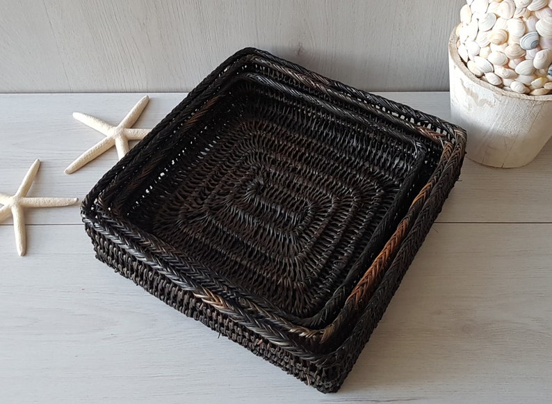3 Wicker Wall Baskets, Square Nesting Baskets, Decorative Wicker Basket, Shallow Basket, Coastal Decor, Bohemian Decor, Beach House Decor image 5