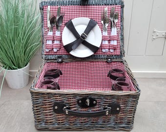 Gray Wicker Picnic Basket, Hamper, Picnic for 4