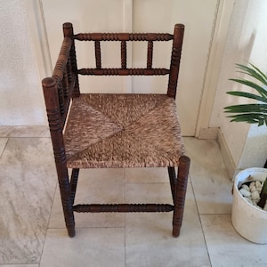 Antique Wooden Corner Chair, Bobbin Chair, Rush Seat Chair, Knitting Chair, Corner Shape Wooden Chair, Country Living, Farmhouse Decor