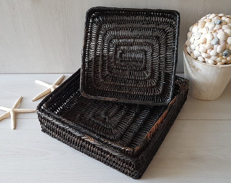 3 Wicker Wall Baskets, Square Nesting Baskets, Decorative Wicker Basket, Shallow Basket, Coastal Decor, Bohemian Decor, Beach House Decor image 2