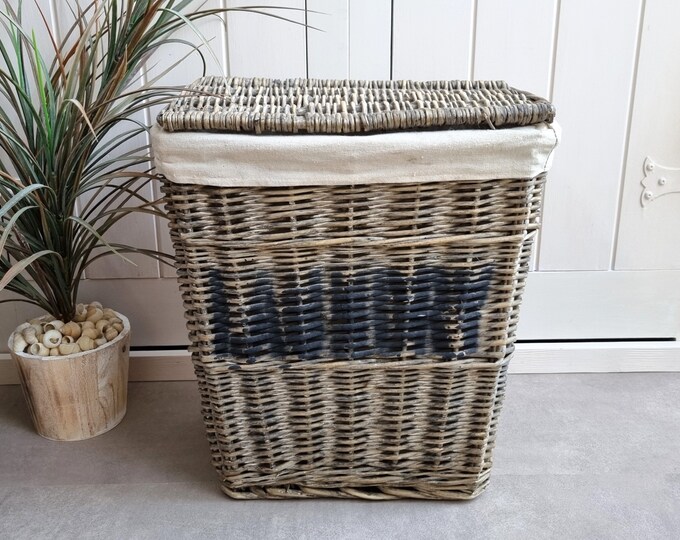 Vintage Grey Wicker Laundry Basket Lined Lidded Basket for Etsy