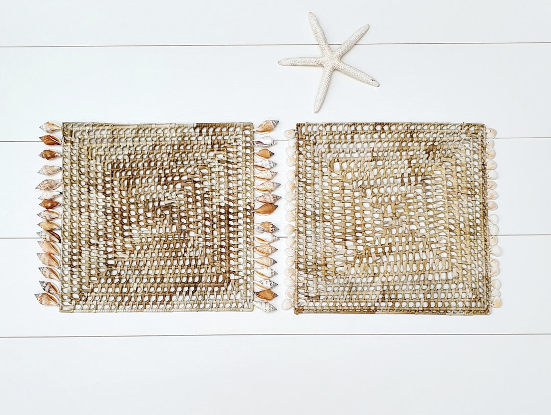 2 Vintage Wicker Placemats, Wicker Wall Decor With Shells, Coastal Wall