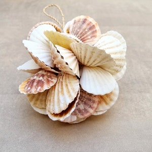 May include: A cluster of beige and brown seashells tied together with twine, forming a decorative ornament.