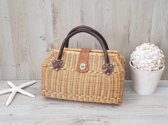 Vintage wicker handbag with lining, Bohemian, Wick