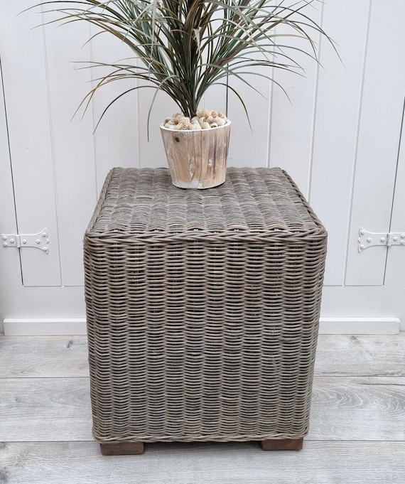 Square Wicker Ottoman, Bamboo Stool, Wicker Footstool, Lamp Table, Plant Stand, Side Table, Coastal Decor, Beach House Decor