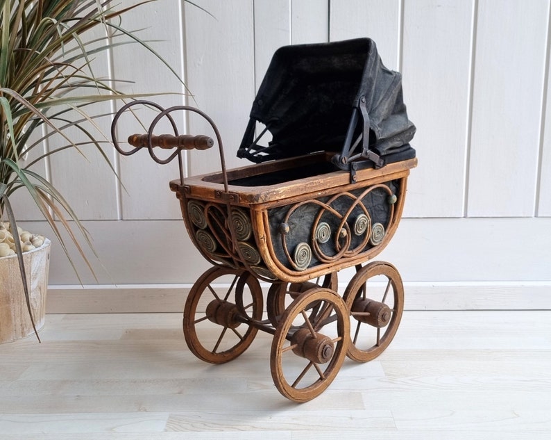 Antique Wicker Stroller, 15 Wicker Doll Buggy, Brown Black Pram, Doll Carriage, Newborn Photography Prop, Doll Basket, Wicker Doll Stroller image 1