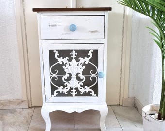 Comodino in legno bianco, mobiletto decorato, credenza in legno, mobili da ingresso, mobili in stile costiero, decorazioni in stile costiero