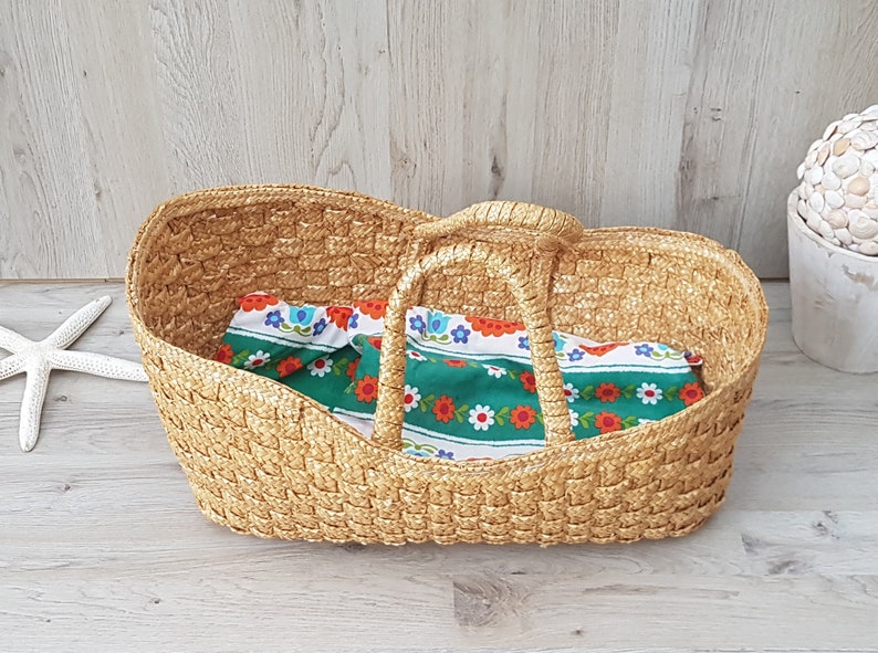 Vintage wicker Moses basket with bedding Wicker doll crib Etsy