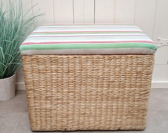 Otomana de mimbre con almacenaje, reposapiés de mimbre con tapa, cesta de almacenaje, decoración de mimbre para el hogar, decoración de casa de playa, muebles ecológicos
