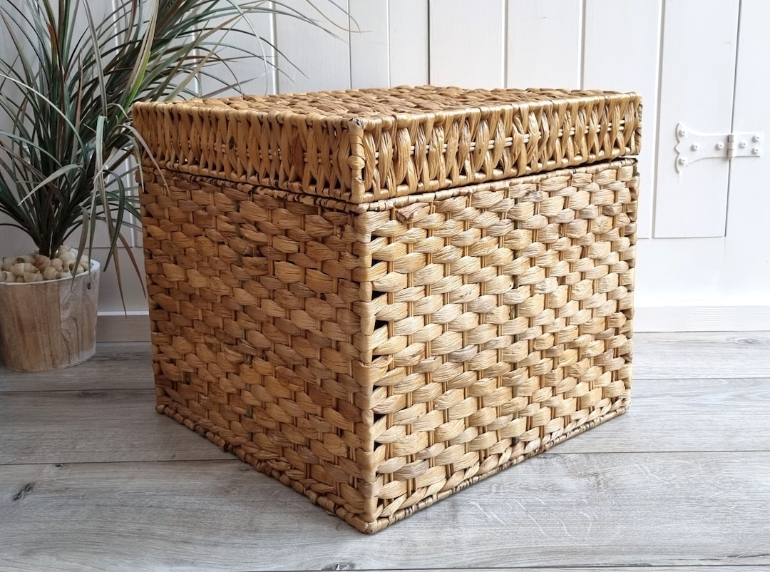 Square Wicker Basket With Lid, Vintage, Water Hyacinth Wicker, Sturdy, Coastal Decor, Storage