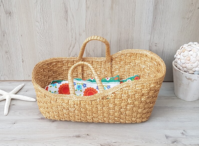 Vintage wicker Moses basket with bedding Wicker doll crib Etsy
