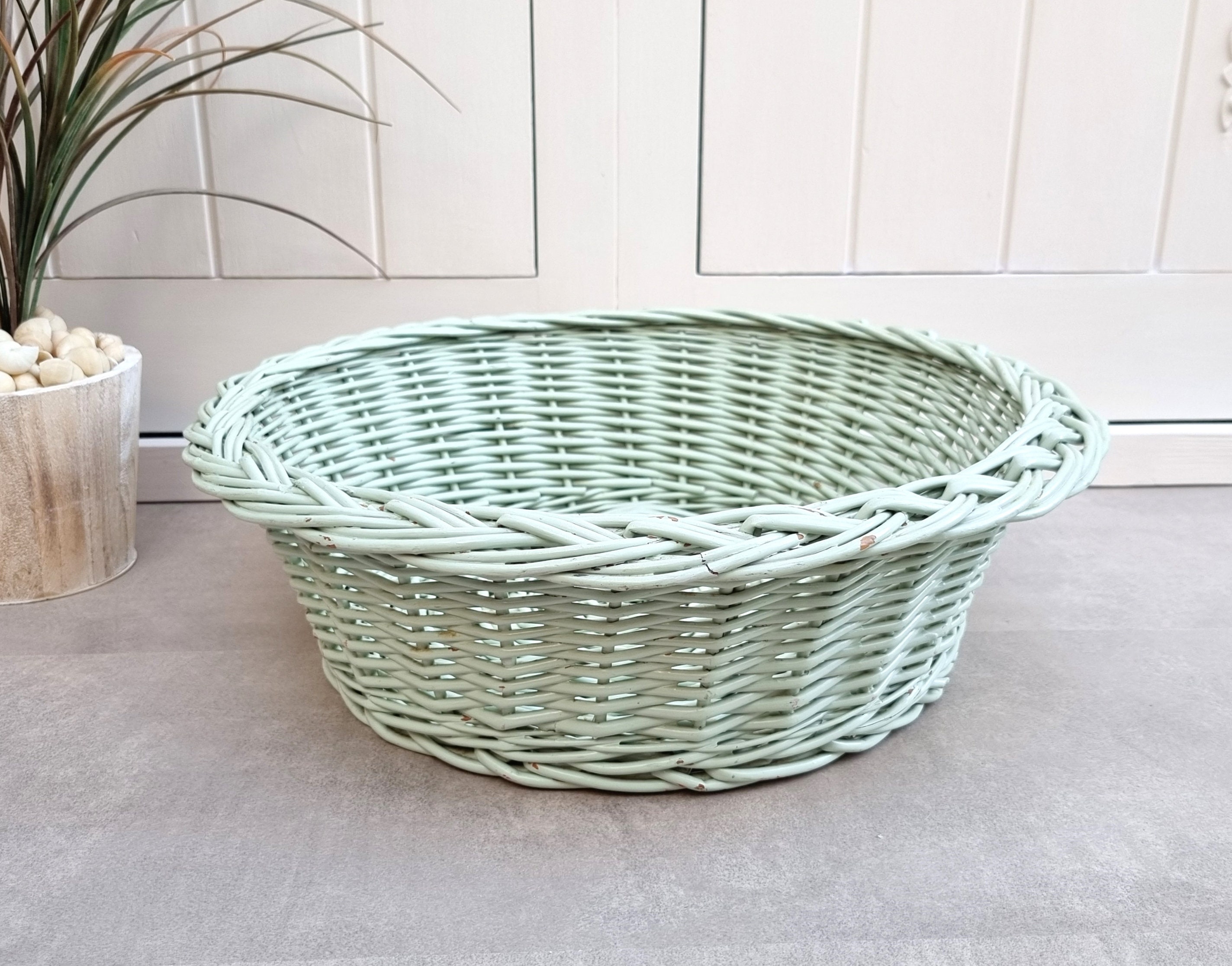 Vintage Round Wicker Basket, Mint Green Decorative Basket, Wicker
