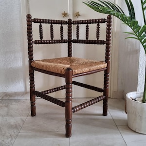 Antique Wooden Corner Chair, Bobbin Chair, Rush Seat Chair, Knitting Chair, Corner Shape Wooden Chair, Country Living, Farmhouse Decor