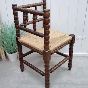 Antique Wooden Corner Chair, Bobbin Chair, Rush Seat Chair, Knitting Chair, Corner Shape Wooden Chair, Country Living, Farmhouse Decor