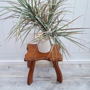 Op de afbeelding: Een houten kruk met een gebogen bovenkant en drie poten. Een plant in een pot met lange groene bladeren staat op de kruk.