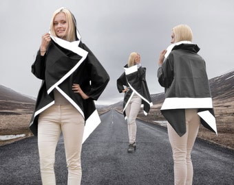 Reflective Rain Jacket - Raincoat. Black Cycling jacket. Transforming Rain Jacket. Outdoor cycling gifts for couples. Men, Women, Unisex.