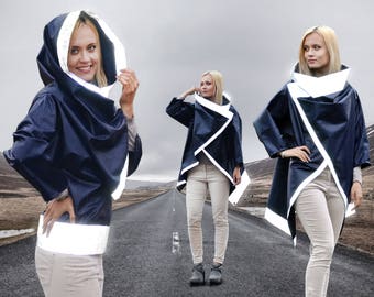 Reflective Unisex Rain Jacket Navy Blue. Man, Woman, Unisex gift. Oversized Hoodie Transforming Cardigan. Outdoor travel gifts for couples.