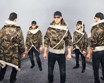Camo jacket, Man Coat, Rain Coat, Reflective Jacket, Transforming Unisex, Men, Woman, Man Rain Coat -Mens Urban Clothing. Military Jacket.