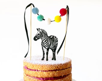 Zebra Cake Topper, Zebra Topper, Geometric Zebra, Animal Cake Topper, Zoo, Jungle Birthday, Zebra silhouette, Pompom Cake Topper, Safari