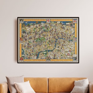 Stampa di mappa illustrata d'epoca di Londra - "Il cuore dell'impero britannico" - Poster illustrato colorato della città - Arte in stile MacDonald Gill 1914