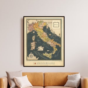 Vintage geïllustreerde kaart van Italië – Italiaanse kunstdruk uit het midden van de eeuw – Retro poster van Italië met regio's en symbolen – Mediterrane muurdecoratie