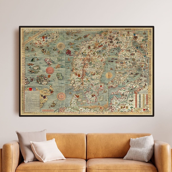 Scandinavia Map print Art Olaus Magnus Poster Norway Sweden Iceland Denmark Finland Carta Marina Antique Reproduction Gift