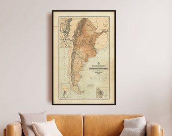 Vintage Argentinien Karte Plakatdruck, 1882 Patagonien Druckplakat Wohnzimmer Schlafzimmer Kunst Geschenk