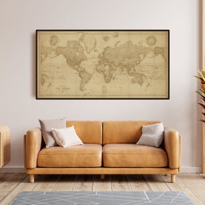 Cadeau vintage détaillé de carte du monde pour lui, elle, vieille carte de 1898, bureau à domicile, bibliothèque, art mural, carte du vieux monde, cadeau sans cadre