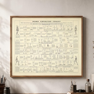 May include: A framed vintage-style Home Exercise Chart poster featuring black line drawings of various physical exercises on a cream background, with the title Home Exercise Chart and detailed instructional text printed in black ink throughout.