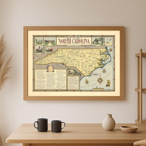 Carte vintage illustrée de Caroline du Nord – Impression d'art historique « Old North State »