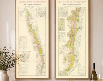 Peut inclure: Deux affiches murales verticales encadrées représentant des cartes anciennes intitulées Atlas de la France Vinicole L. Larmat Les vins de Bourgogne. Les cartes montrent des régions géographiques détaillées en vert, jaune et rose sur fond crème.