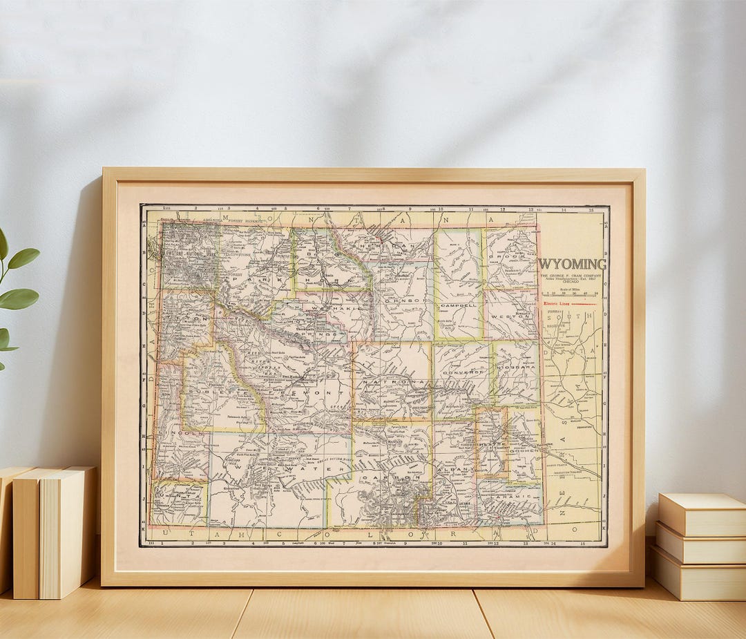 Vintage Wyoming Map Poster – Antique Cowboy State Wall Art – Historic ...