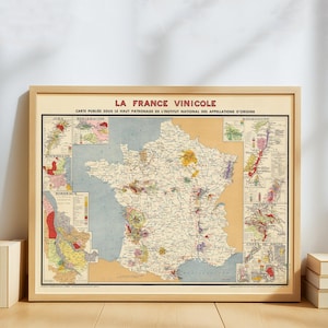 Vintage French Wine Regions Map Poster – La France Vinicole Map – Antique Oenology Wall Art Vineyards of France - Bordeaux, Burgundy