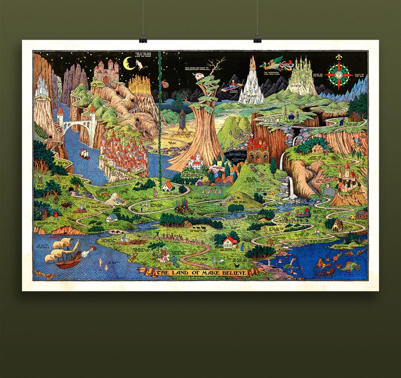 Fantasy map poster featuring fairy tales and storybook lands