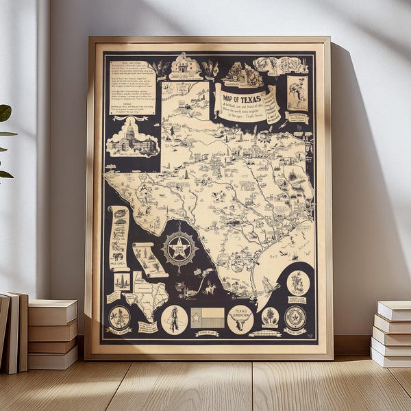 Vintage Pictorial Map of Texas – 1934 Illustrated Lone Star State Map – Antique Americana Wall Art Print